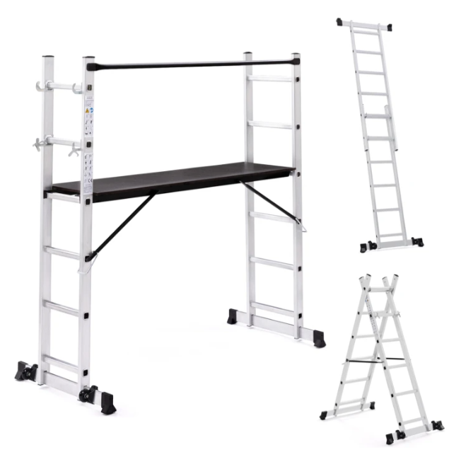 Aluminum scaffolding with modular platform and multi-function ladder, on wheels, 165 cm